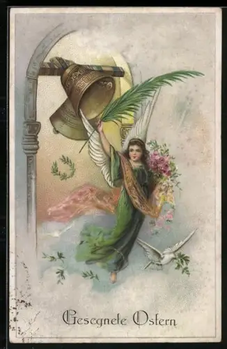 Künstler-AK Osterengel mit läutenden Glocken, Gesegnete Ostern