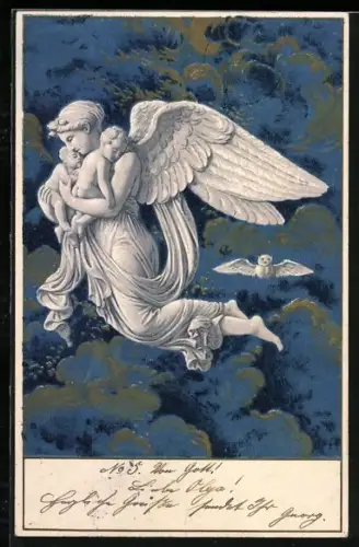 Lithographie Engel mit zwei Babys in den Armen