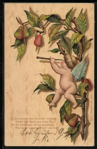 Lithographie Amor sitzt in einem Birnenbaum, Eifrig schnell das Fernrohr richtend, schaut der Amor aus nach Dir...