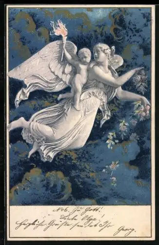 Lithographie Engel schweben mit Fackel über den Wolken