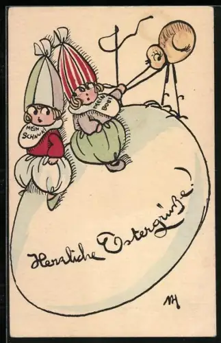 Künstler-AK Zwei Kinder sitzen mit einem Osterküken auf einem Osterei, Herzliche Ostergrüsse