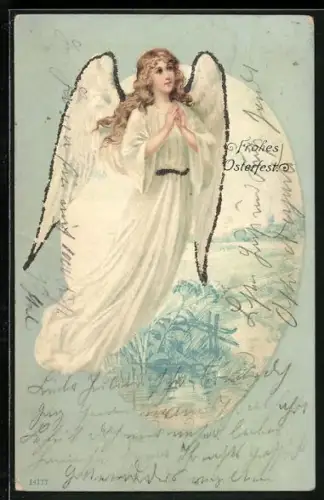Lithographie Osterengel schwebt durch eine Frühlingslandschaft, Frohes Osterfest