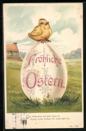 Lithographie Osterküken sitzt auf einem riesigem Osterei, Fröhliche Ostern