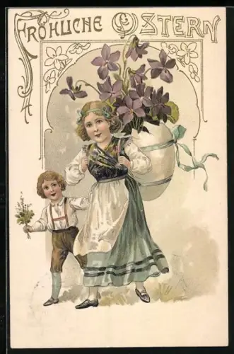 Lithographie Kinderpaar geht mit Eierrucksack und Veilchen spazieren, Fröhliche Ostern
