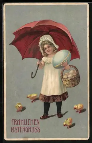 Lithographie Mädchen mit Regenschirm und Eierkorb umgeben von Osterküken, Fröhlichen Ostergruss