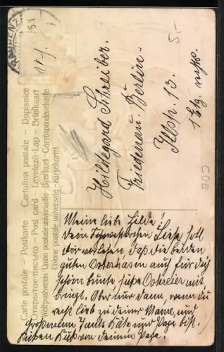 Lithographie Mädchen mit Regenschirm und Eierkorb umgeben von Osterküken, Fröhlichen Ostergruss