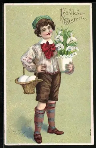 Künstler-AK Junge mit Blumen und Ostereiern wünscht Fröhliche Ostern