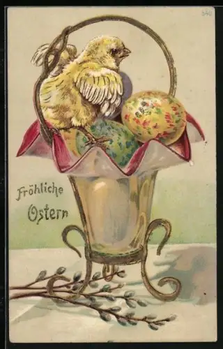 Künstler-AK Osterküken mit bunten Eiern und Weidenkätzchen, Fröhliche Ostern