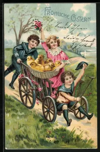 Lithographie Drei Kinder in einem Wagen mit einem Korb voller Osterküken, Fröhliche Ostern