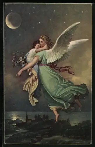 Künstler-AK Engel trägt ein Kind auf dem Arm, Zu Gott