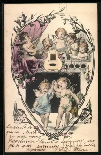 Lithographie Engel musizieren, Engel und Elfe tanzen zusammen