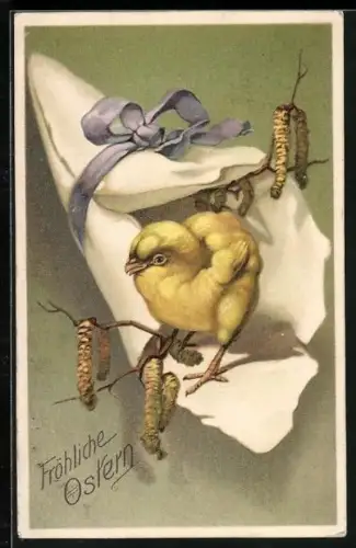 Künstler-AK Osterküken steht in einer Geschenktüte, Fröhliche Ostern