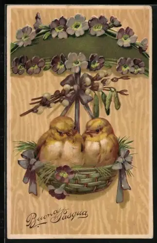 Künstler-AK Zwei Osterküken sitzen in einem Körbchen, Buona Pasqua