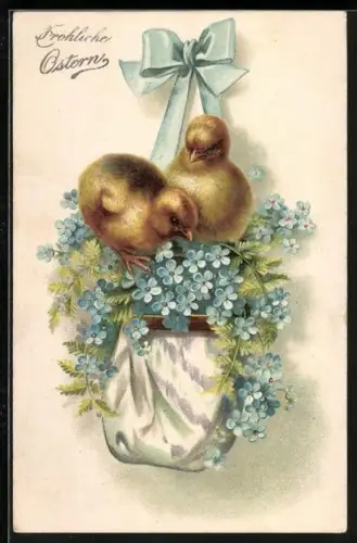 Künstler-AK Osterküken mit Vergissmeinnicht und blauer Schleife, Fröhliche Ostern
