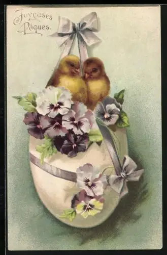 Lithographie Zwei Osterküken sitzen mit Stiefmütterchen in einem Osterei, Joyeuses Paques