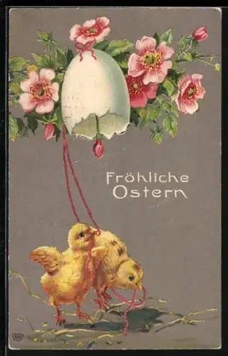 Künstler-AK Zwei Osterküken mit einer Ostereiglocke unter Blumen, Fröhliche Ostern