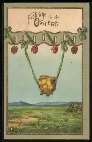 Künstler-AK Osterküken schaukelt auf einem Band unter Ostereiern, Fröhliche Ostern