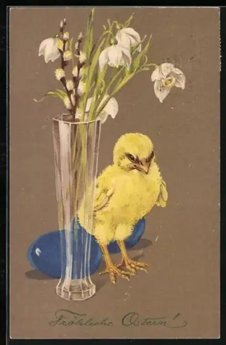 Künstler-AK Osterküken neben einer Blumenvase mit Weidenkätzchen, Fröhliche Ostern