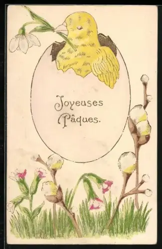 Lithographie Osterküken schlüpft aus einem Ei, Joyeuses Paques