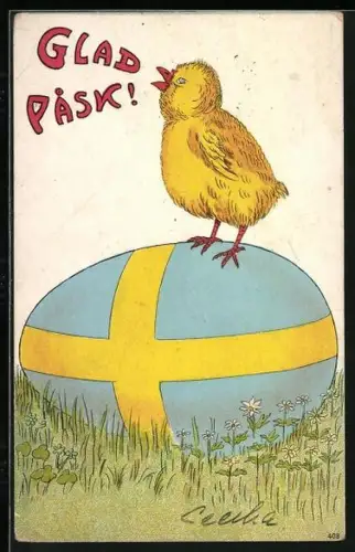 Künstler-AK Osterküken steht auf einem Osteri mit der schwedischen Flagge, Glad Pask