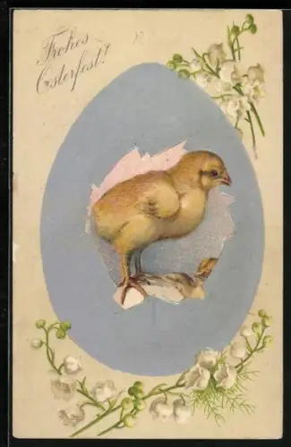 Künstler-AK Osterküken in einem Osterei-Passepartout, Maiglöckchen, Frohes Osterfest
