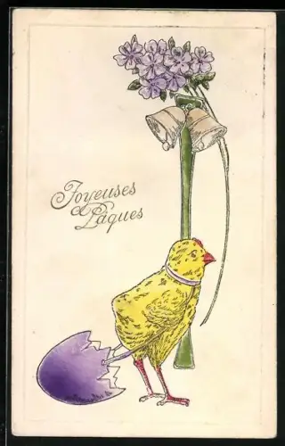 Künstler-AK Osterküken mit Glocken und Vergissmeinnicht, Joyeuses Paques