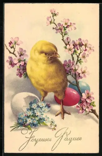 Künstler-AK Osterküken mit Ostereiern und Vergissmeinnicht, Joyeuses Paques