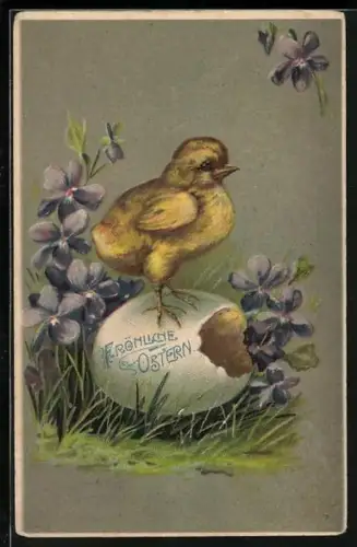 Künstler-AK Osterküken steht auf dem zerbrochenen Osterei, Fröhliche Ostern!