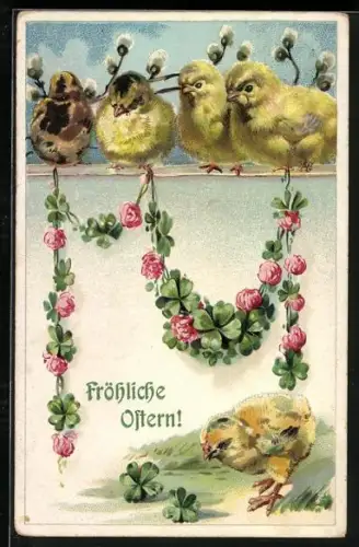 Künstler-AK Osterküken mit Kleegirlanden und Weidenkätzchen, Fröhliche Ostern