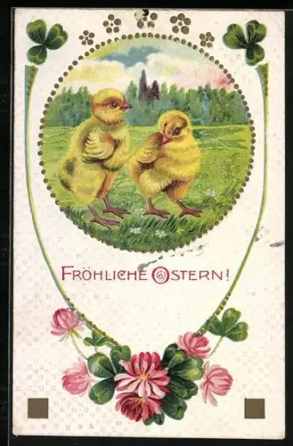 Künstler-AK Zwei Osterküken auf einer Wiese mit Klee, Fröhliche Ostern