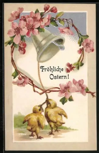 Künstler-AK Osterküken läuten eine Glocke, Fröhliche Ostern