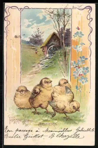 Lithographie Osterküken vor einer Mühle im Dorf, Fröhliche Ostern