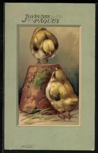 Künstler-AK Zwei Osterküken bei einem Tontopf, Joyeuses Paques