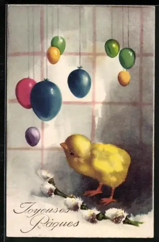 Künstler-AK Osterküken mit bunten Eiern, Joyeuses Paques