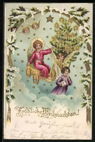 Lithographie Fliegendes Christkind auf seinem Thron mit Weihnachtsengeln und Christbaum, Fröhliche Weihnachten