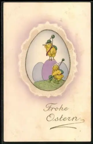 Künstler-AK Zwei wanderne Osterküken mit Ostereiern, Frohe Ostern