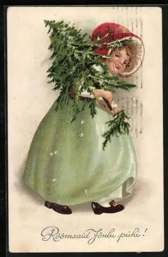 AK Kleines Mädchen mit Weihnachtsbaum, Roomsaid Joulu Püki