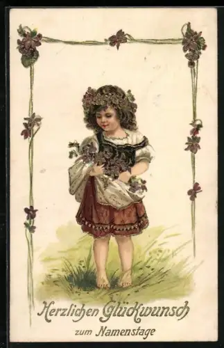 AK Mädchen sammelt Veilchen in ihrer Schürze, Namenstag