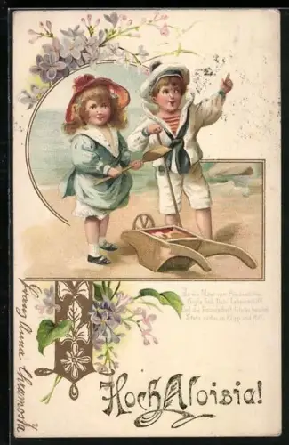 Präge-AK Glückwunsch zum Namenstag Aloisia, Kinder spielen am Strand