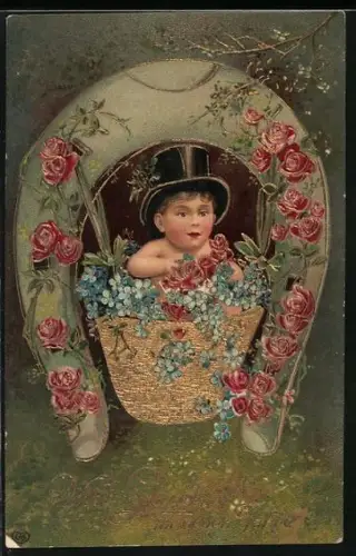 Präge-AK Kleiner Knabe mit Zylinder unter einem Hufeisen