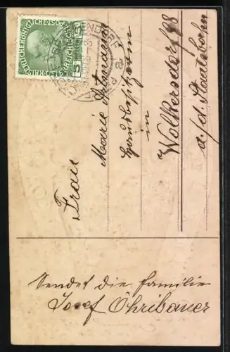 Präge-AK Kleiner Knabe mit Zylinder unter einem Hufeisen