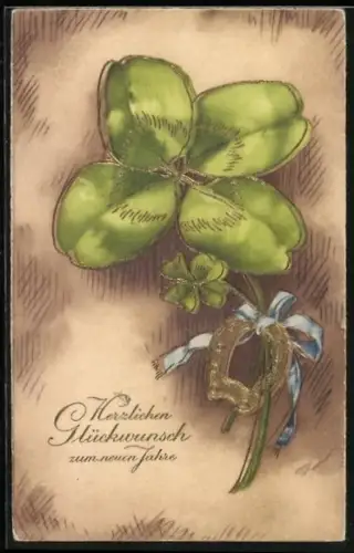 Präge-AK Kleeblatt mit goldenem Hufeisen, Glückwunsch zum neuen Jahre