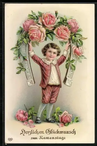AK Kind hält ein rosengeschmücktes Hufeisen in die Höhe, Namenstag