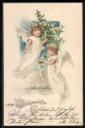 AK Weihnachtsengel mit verschneitem Tannenbaum, Weihnachtsgruss