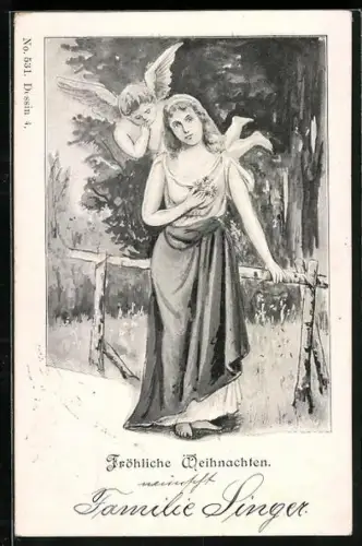 AK Dame und Weihnachtsengel im Wald