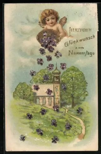 Präge-AK Kleiner Engel schüttet Veilchen über einer Kirche aus, Glückwunsch zum Namenstag