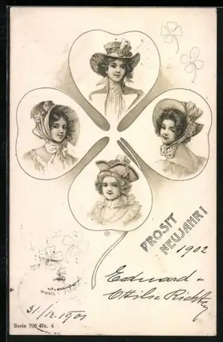 AK Frauenporträts auf einem Kleeblatt, Prosit Neujahr