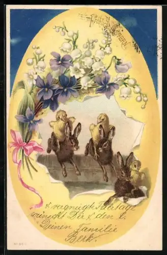AK Osterhasen brechen mit Küken aus einem Ei