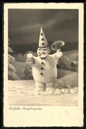 AK Herzliche Neujahrsgrüsse, Schneemann mit Fliegenpilz