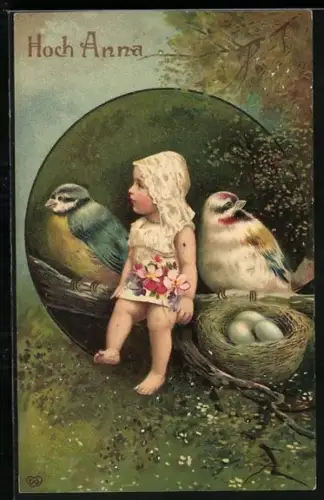 Präge-AK Kleinkind sitzt zwischen Vögeln auf einem Zweig, Namenstag Anna